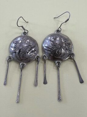 Silver Tone Dangle Earrings with Floral Medallions